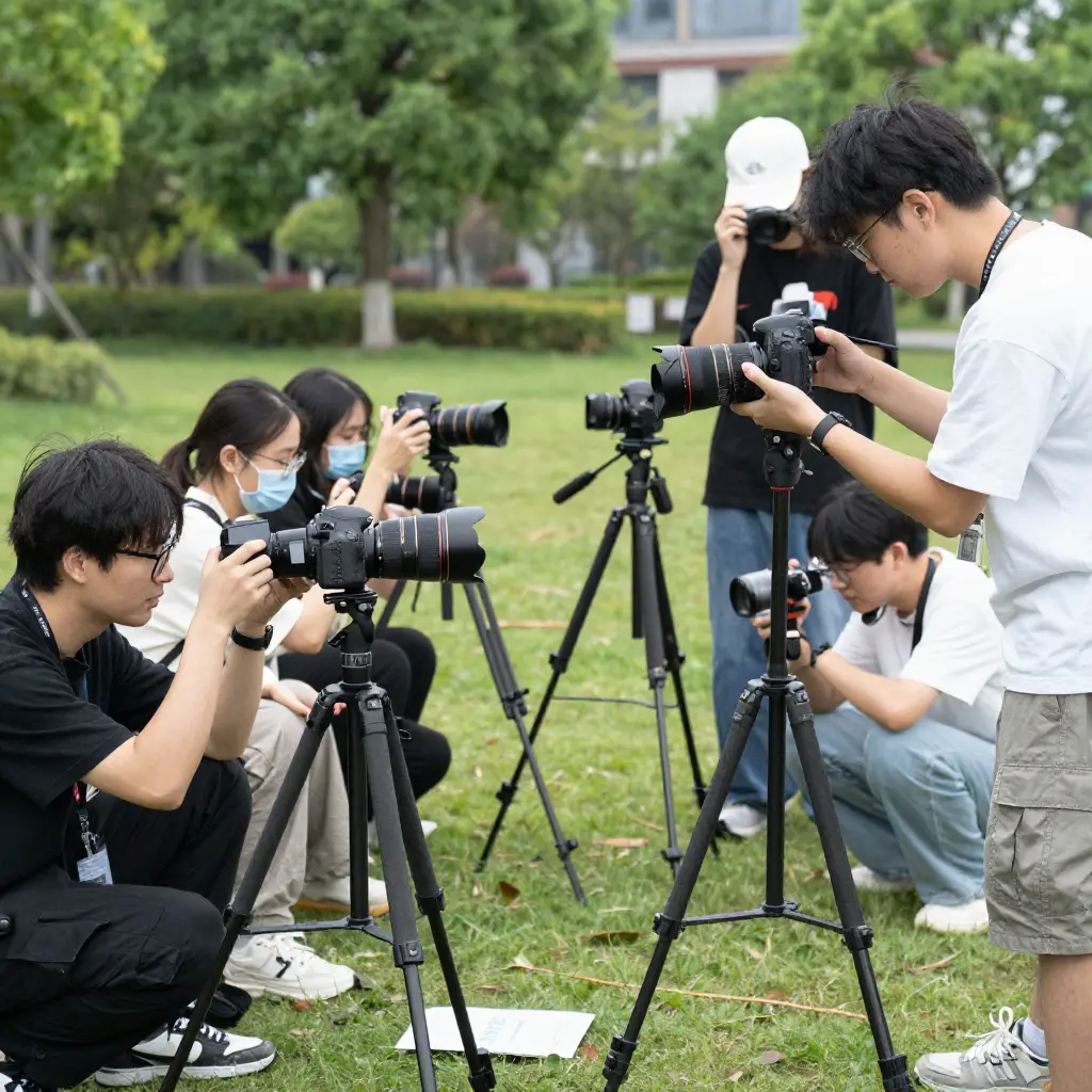 Photography workshop session with students learning camera techniques